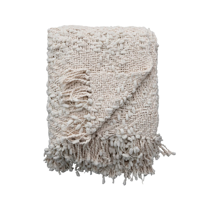 60x50 Woven Cotten Knit Throw w/ Fringe, Natural